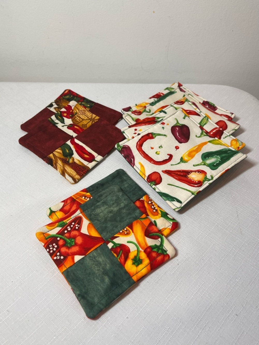 Patchwork Chili Pepper Fabric Coasters - Set of 8. Fiesta. Party!